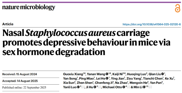 nature子刊 (IF=19.4)|交大医学院附属仁济医院李敏团队:鼻腔金葡菌是抑郁“隐形推手”?hsd12酶紊乱神经递质(图1) nature子刊 (IF=19.4)|交大医学院附属仁济医院李敏团队:鼻腔金葡菌是抑郁“隐形推手”?hsd12酶紊乱神经递质(图1)
