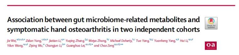 eBioMedicine (IF=10.8)|肠菌代谢紊乱与关节损伤密切相关！解锁症状性手骨关节炎关键调控机制(图1)